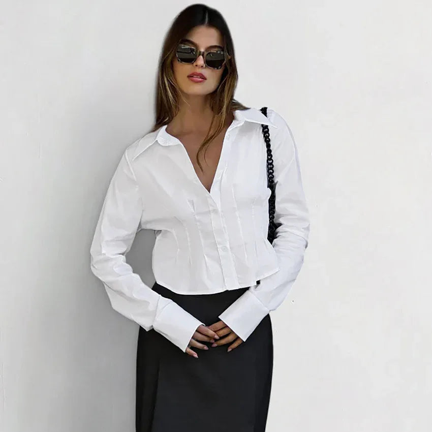 Women's Solid Color Waist-Cinching Elegant Shirt - Gizmo Galaxy