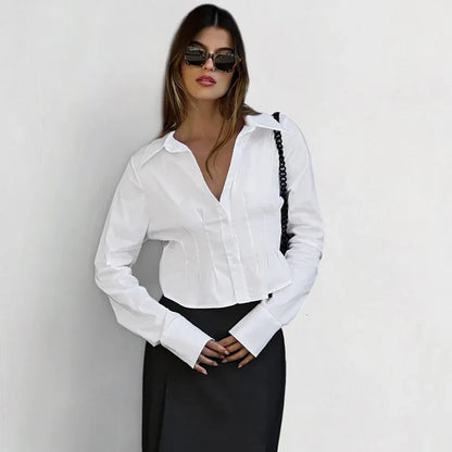 Women's Solid Color Waist-Cinching Elegant Shirt - Gizmo Galaxy