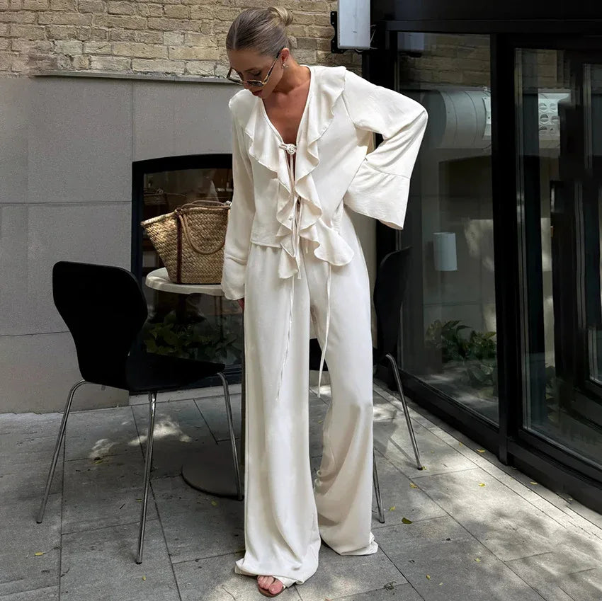 V-neck Ruffled Long-sleeve Shirt And High-waist Wide-leg Pants Two-piece Set - Gizmo Galaxy