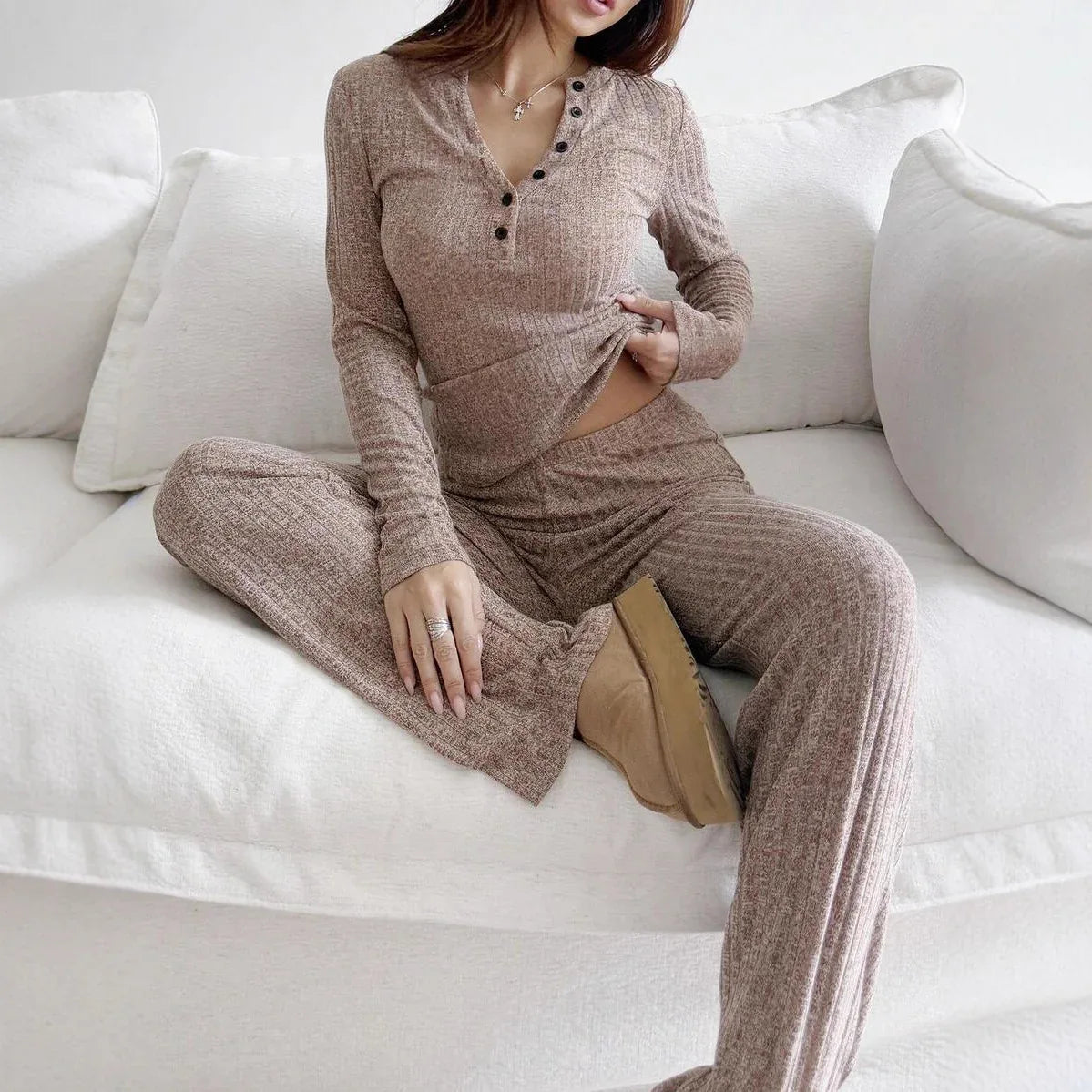 Knitted Ribbed T-shirt And Pants For Women - Gizmo Galaxy