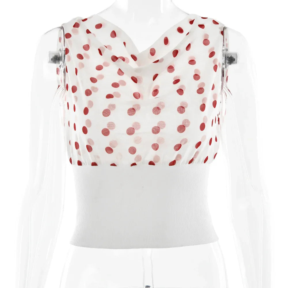 Polka Dots Print Oblique Shoulder Tops Summer Patchwork Chiffon Crop Top Women Sexy Sleeveless Lace Up Backless Blouse Casual Streetwear Tee - Gizmo Galaxy