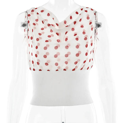Polka Dots Print Oblique Shoulder Tops Summer Patchwork Chiffon Crop Top Women Sexy Sleeveless Lace Up Backless Blouse Casual Streetwear Tee - Gizmo Galaxy