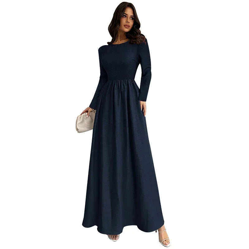 Elegant Long Sleeve Waist Cinching A Line Dress - Gizmo Galaxy