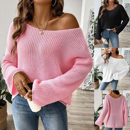 Women's Simple Loose Off Shoulder Off-the-shoulder Flared Sleeves Sweater - Gizmo Galaxy