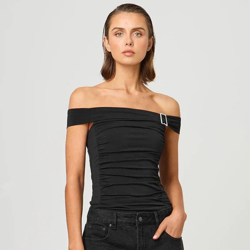 Solid Color Off-neck Pleated Slim Vest T-shirt - Gizmo Galaxy