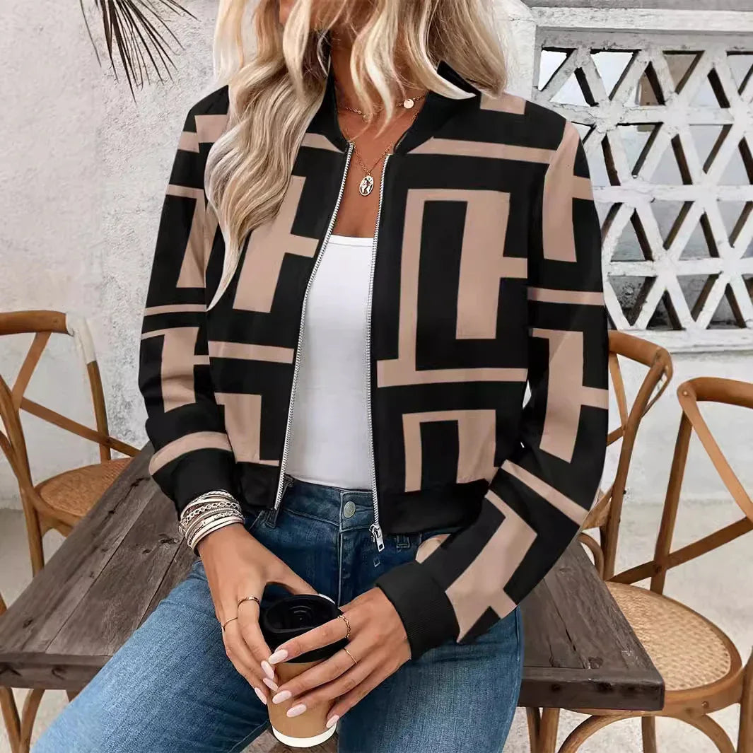 Women's Zipper Geometric Print Casual Long-sleeved Jacket - Gizmo Galaxy