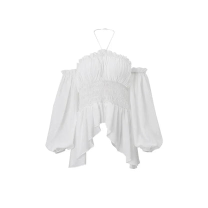 Off-shoulder Pleated Ruffled Slim Fit Lantern Long Sleeve Halter Top Women - Gizmo Galaxy